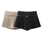 Willshela Women Fashion With Belt Solid Pleated Side Zipper Mini Skirts Shorts Vintage High Waist Female Chic Lady Shorts