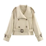 Willshela Women Fashion With Belt Khaki Double Breasted Trench Jacket Vintage Lapel Neck Long Sleeve Female Chic Coat Outfits