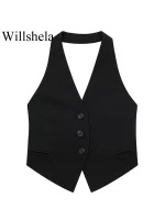 Willshela Women Fashion Black Backless Lace Up Waistcoats Vintage Halter Neck Sleeveless Jackets Female Chic Lady Tank Tops - Image 2