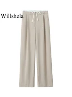 Willshela Women Fashion Solid Lace Up Side Zipper Straight Pants Vintage High Elastic Waist Female Chic Lady Trousers - Image 3