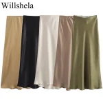 Willshela Women Fashion Satin Solid Pleated Midi Skirt Vintage Mid Elastic Waist Female Chic Lady Skirts