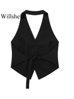 Willshela Women Fashion Black Backless Lace Up Waistcoats Vintage Halter Neck Sleeveless Jackets Female Chic Lady Tank Tops - Image 3
