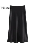 Willshela Women Fashion Satin Solid Pleated Midi Skirt Vintage Mid Elastic Waist Female Chic Lady Skirts - Image 3