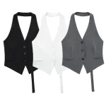 Willshela Women Fashion Black Backless Lace Up Waistcoats Vintage Halter Neck Sleeveless Jackets Female Chic Lady Tank Tops