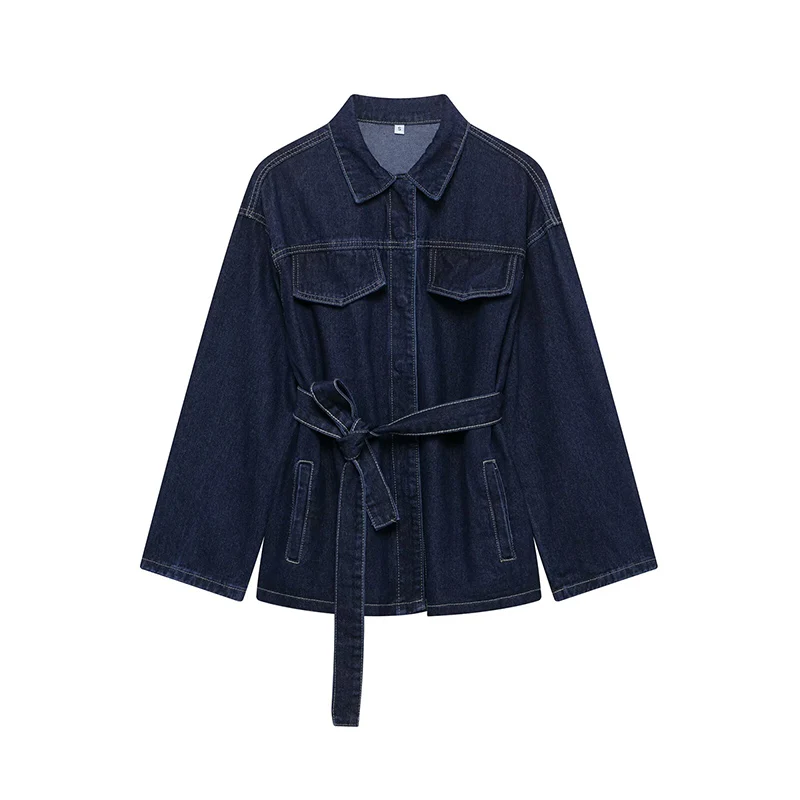 kf-Sa1ac478b30794246ab5ef3531f8a99e0q Willshela Women Fashion With Belt Denim Blue Single Breasted Jackets Vintage Lapel Neck Long Sleeves Female Chic Lady Outfits - Image 1