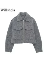 Willshela Women Fashion With Pockets Grey Front Zipper Jackets Vintage Lapel Neck Long Sleeves Female Chic Lady Outfits - Image 2