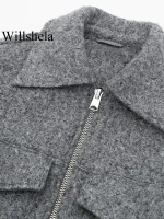 Willshela Women Fashion With Pockets Grey Front Zipper Jackets Vintage Lapel Neck Long Sleeves Female Chic Lady Outfits - Image 4
