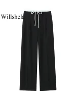 Willshela Women Fashion Solid Lace Up Side Zipper Straight Pants Vintage High Elastic Waist Female Chic Lady Trousers - Image 2