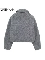 Willshela Women Fashion With Pockets Grey Front Zipper Jackets Vintage Lapel Neck Long Sleeves Female Chic Lady Outfits - Image 3