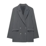 Willshela Women Fashion With Pockets Grey Double Breasted Blazer Vintage Long Sleeves Notched Neck Female Office Lady Outfits