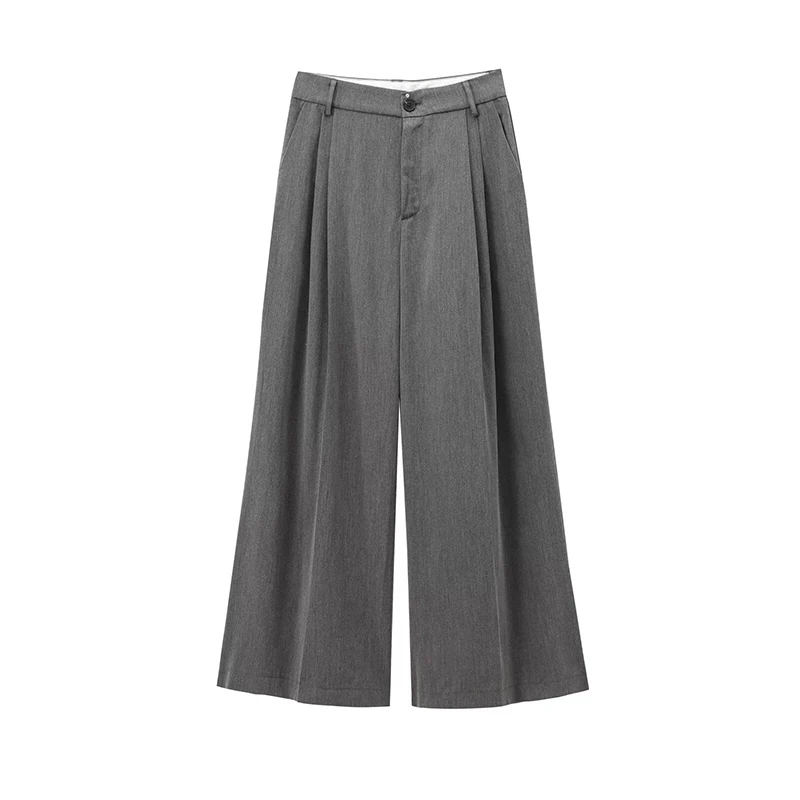 kf-Sf06d941b166546cfb478488dd8766a1bG Willshela Women Fashion Grey Front Zipper Pleated Wide Leg Pants Vintage High Waist Full Length Female Chic Lady Trousers - Image 1
